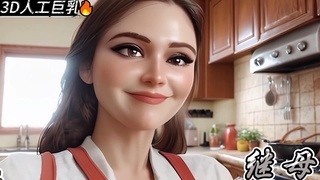 3D 人工巨乳 继母在厨房里干你，直到你在她的阴部内射精