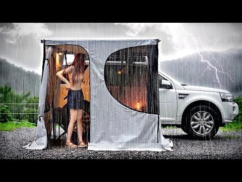 汽车独自在暴雨山顶露营 / 彻夜大雨中露营